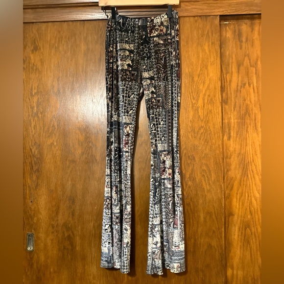 Boho Comfy! Retro Revival Slate Blue Print Velvet Flare Pants Lounge PJ pants - Picture 1 of 7